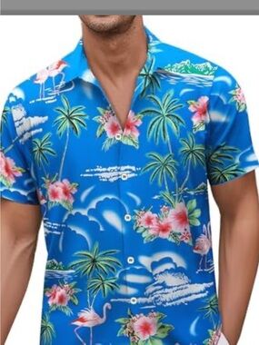 Men's Blue Tropical Flamingo Button-Down Hawaiian Shirt Pink Floral Print- Small